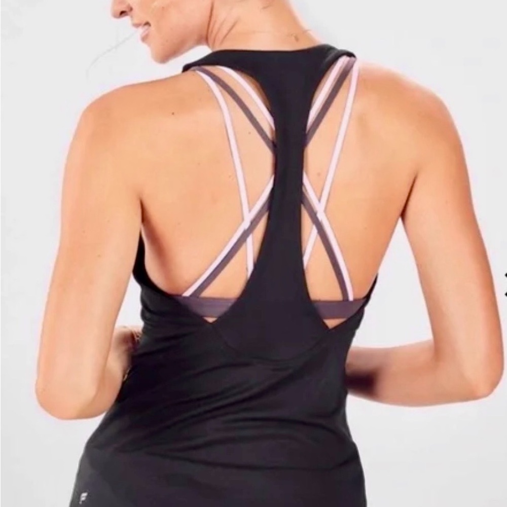 Fabletics Black Tank Top with silver and white Straps, built in sports bra!
